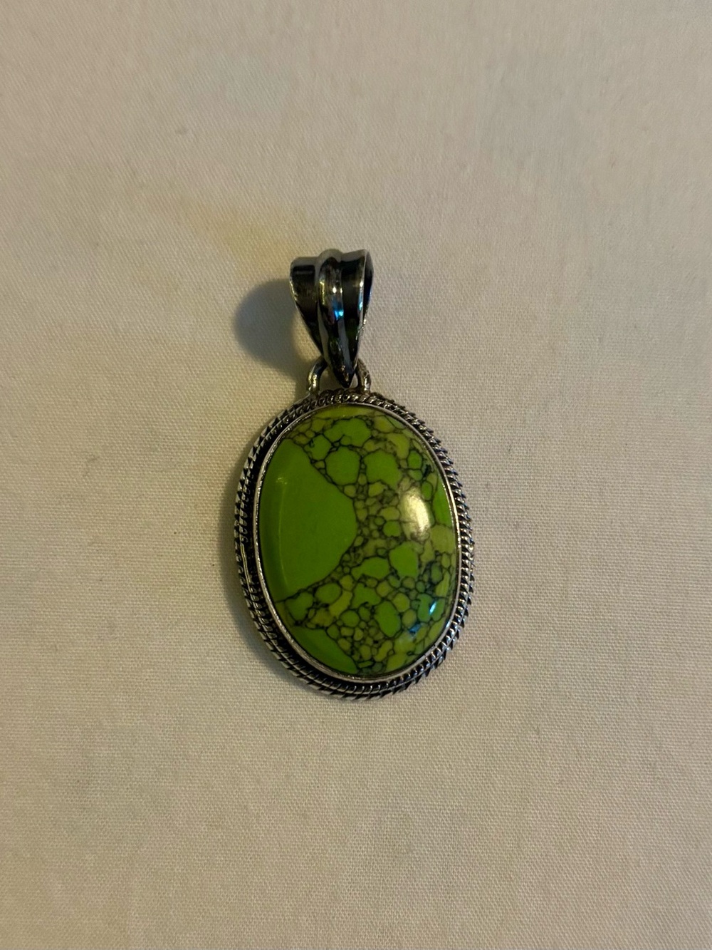 Green Stone Oval Pendant Necklace - Sterling Silver Setting